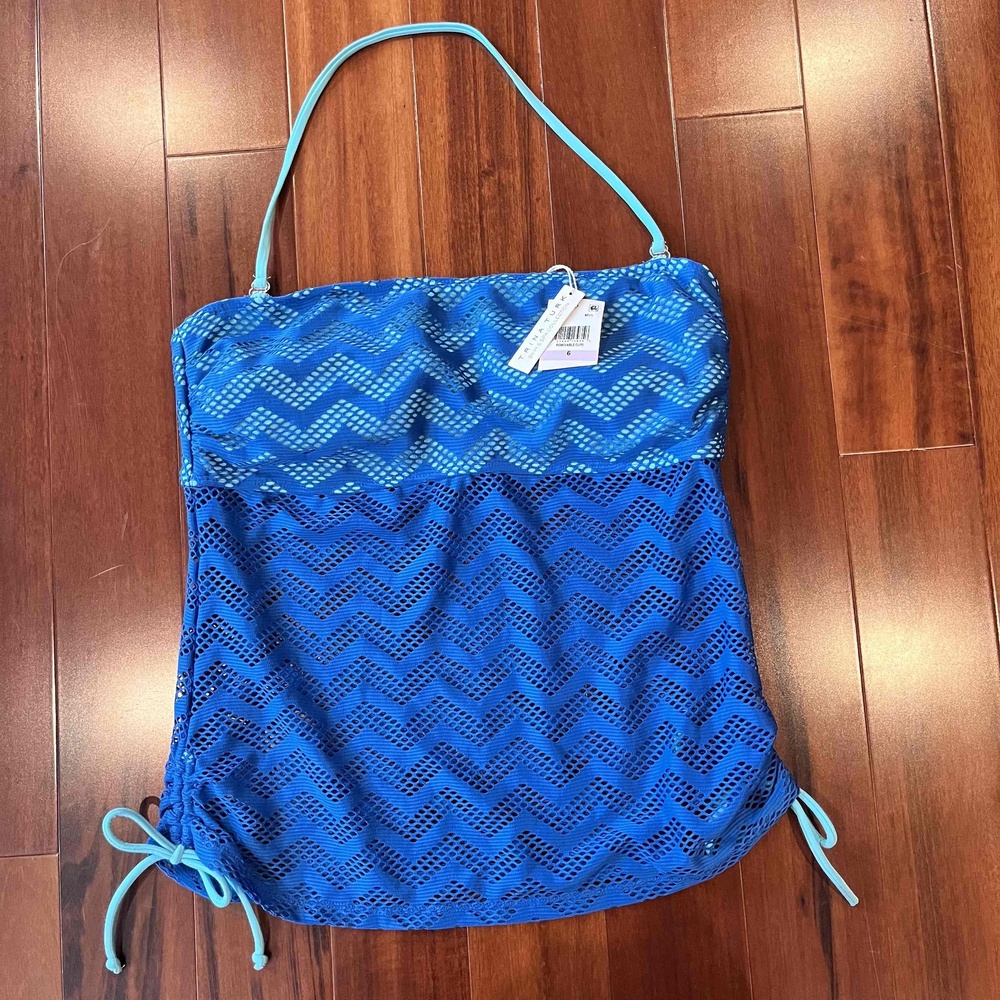 New NWT Trina Turk Swim & Spa Collection‎ Blue Tankini Top Chevron Mesh Sz 6